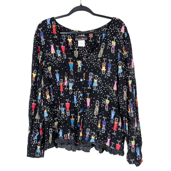 Cactus Flower VTG Fashion Blouse XL Womens Button Up Black Models Rayon USA - Picture 1 of 5